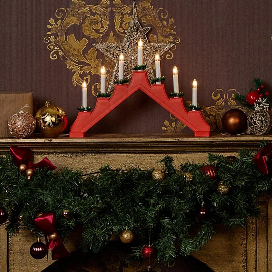 Подсвечник декоративный пластик, 41х29.5 см, красный, Uniel, 7 миниламп, белый свет, UL-00007387