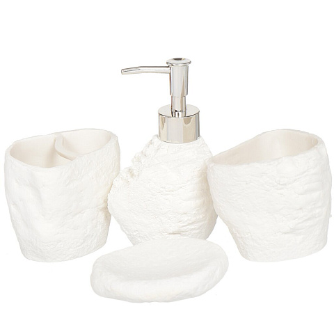 Набор для ванной 4 предмета, Белый камень, стакан, подставка для зубных щеток, дозатор для мыла, мыльница, Y3-851