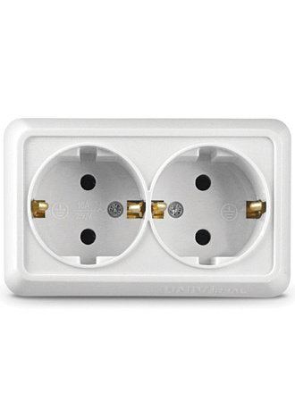 Розетка открытой установки, 2 гнезда, с заземлением, 16 А, керамика, белая, UNIVersal, Олимп, О0128