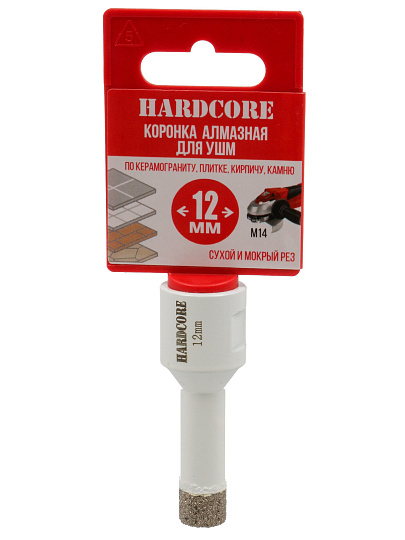 Коронка алмазная, по керамограниту, Hardcore, М14, диаметр 12 мм, для УШМ, 155012