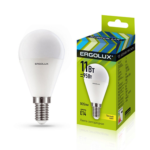 Лампа светодиодная Шар 11Вт E14 3000K 172-265В Ergolux LED-G45-11W-E14-3K