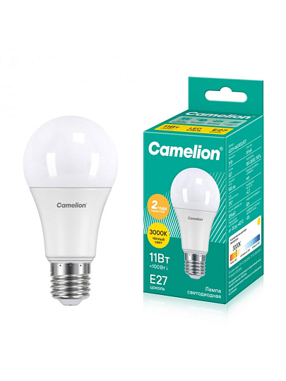Лампа светодиодная E27, 11 Вт, 100 Вт, груша, 3000 К, теплый белый свет, Camelion, 12035