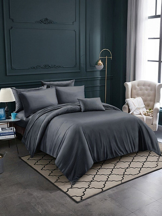 Постельное белье 2-спальное, простыня 200х220 см, 2 наволочки 50х70 см, пододеяльник 175х215 см, Майская ночь, страйп-полисатин, темно-серое, 22/005-PSS/MAY
