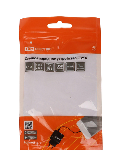 Зарядное устройство TDM Electric, СЗУ 4, 2 разъема, 2.1 А, черное, SQ1810-0021