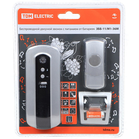 Звонок дверной беспроводной, на батарейках, 36 мелодий, кнопка IP 44, 2 х 1.5 В, АА, TDM Electric, ЗББ-11/М1-36М, SQ1901-0004