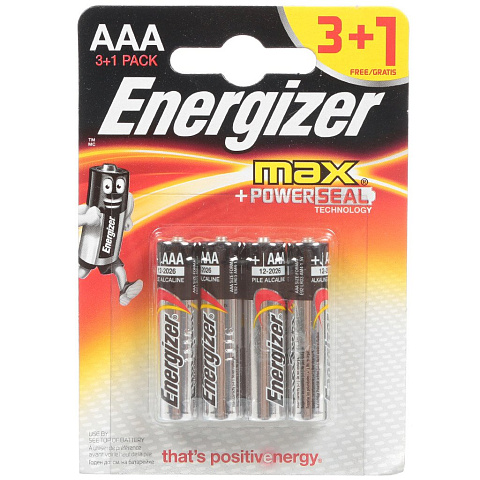 Батарейка Energizer, ААА (LR03, R3), Alkaline Max+PowerSeal 3+1, алкалиновая, 1.5 В, блистер, 4 шт