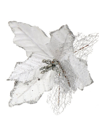 Цветок искусственный декоративный 16 см, на прищепке, серебро, Пуансеттия, Y4-4169