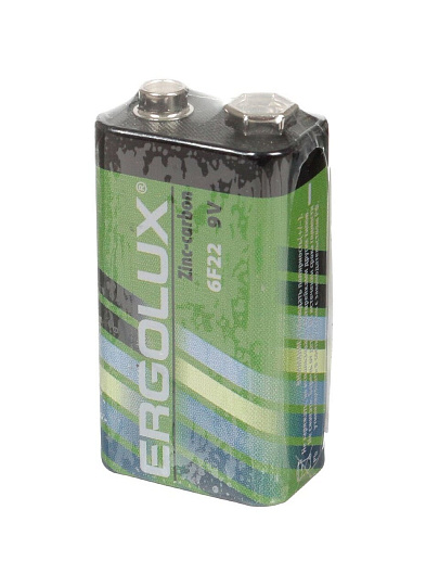Батарейка Ergolux, 9V (6F22), Zinc-carbon, солевая, 9 В, спайка, 12443