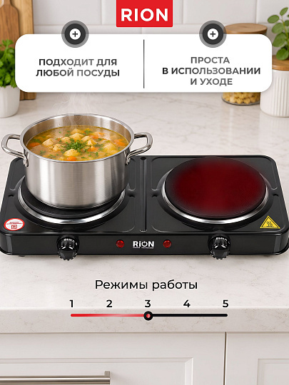 Плита электрическая Rion, 2000 Вт, 2 конфорки, диск, эмаль, механическая, переключатель поворотный, черная