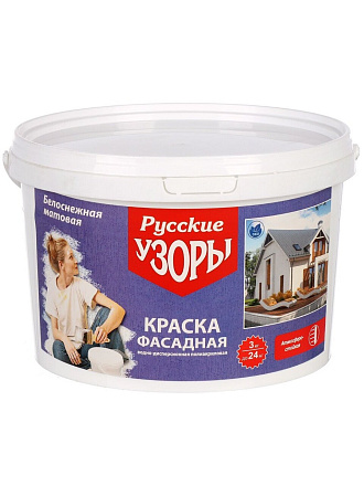 Краска водно-дисперсионная, Русские узоры, полиакриловая, фасадная, матовая, белоснежная, 3 кг