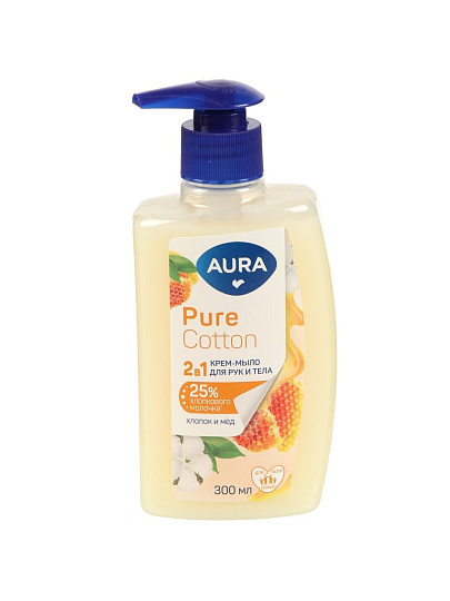 Крем-мыло жидкое Aura, Pure Cotton 2в1, Хлопок и мёд, 300 мл, для рук и тела