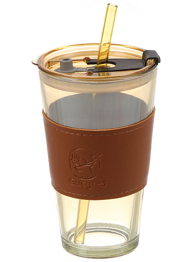 Стакан 400 мл, стекло, Amber, с трубочкой, B060522