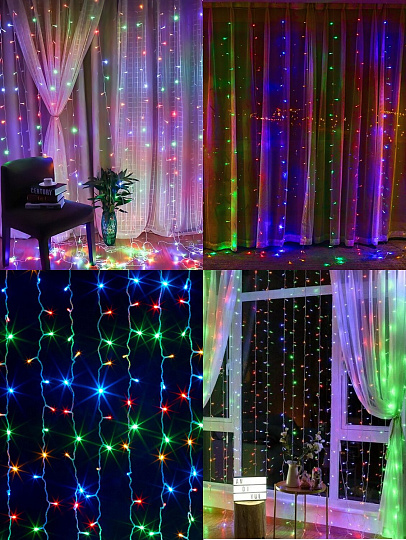 Гирлянда 120 ламп, 1.5х1.5 м, 8 режимов, Занавес, свет мультиколор, прозрачная, в помещении, сетевая, SY16-158