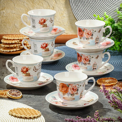 Набор чайный керамика, 12 предметов, на 6 персон, 220 мл, Розовые цветы, Y6-10227, подарочная упаковка