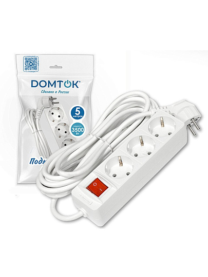Удлинитель бытовой 3 гнезда, 5 м, ПВС, 3х1 мм², с заземлением, 16 А, выключатель, 3500 Вт, Domtok, 2382