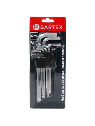 Набор ключей имбусовых, шестигранник, 9 предметов, Bartex, 1.5-10 мм, CrV сталь, удлиненные с HEX шаром, пластиковый держатель
