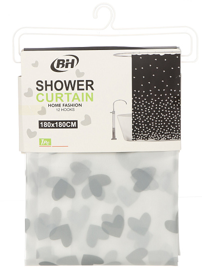 Штора для ванной 180х180 см, Peva, Черные сердца, серая, Y4-11155