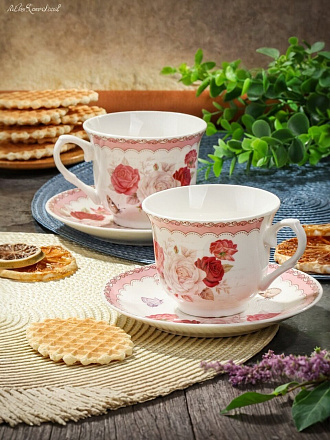 Набор чайный керамика, 4 предмета, на 2 персоны, 220 мл, микс, Розовое поле, Y6-10235, подарочная упаковка