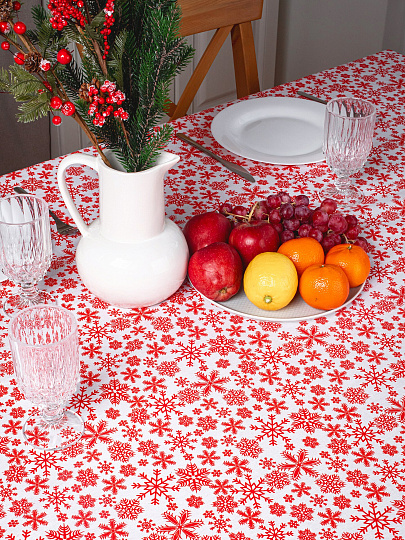 Клеенка 1.4х20 м, хлопок, с акриловым покрытием, Снежинки RED, 3261