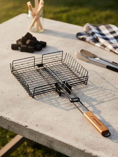 Решетка барбекю 310х240х55 мм, Гурман, черная, антипригарное покрытие, рукоятка дерево, складная, 11100107-1(31-24)