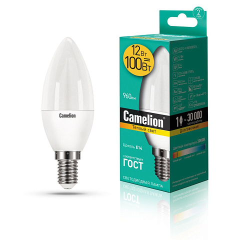 Лампа светодиодная 12Вт 220В 3000К Camelion LED12-C35/830/E14