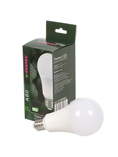 Лампочка светодиодная для растений, E27, 15 Вт, 220 В, IP40, A80, 80х153 мм, Grandy, FITO, AI-2605003