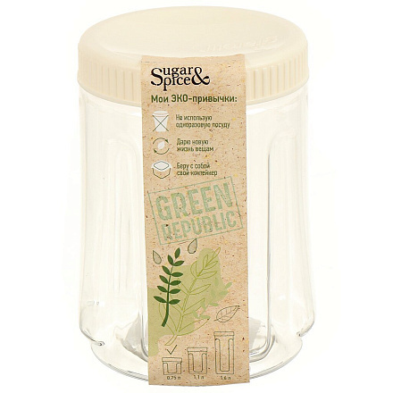 Банка для сыпучих продуктов, пластик, 0.75 л, 10х10х13 см, с крышкой, Sugar&amp;Spice, Green Republic, SE2248GR, лен