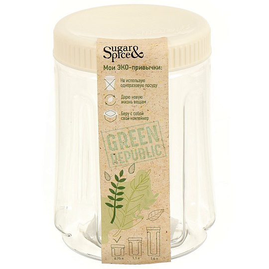 Банка для сыпучих продуктов, пластик, 0.75 л, 10х10х13 см, с крышкой, Sugar&amp;Spice, Green Republic, SE2248GR, лен