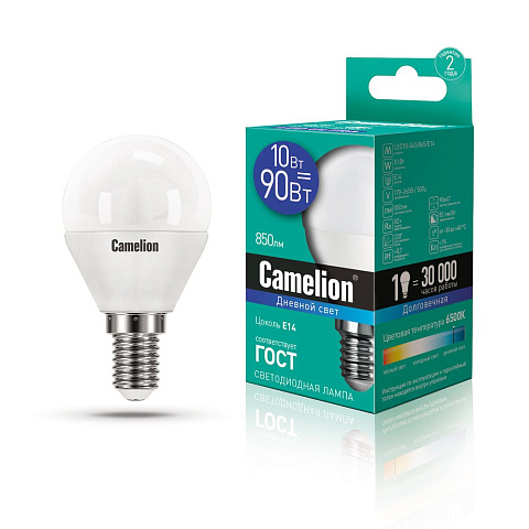 Лампа светодиодная 10Вт 220В 6500К Camelion LED10-G45/865/E14