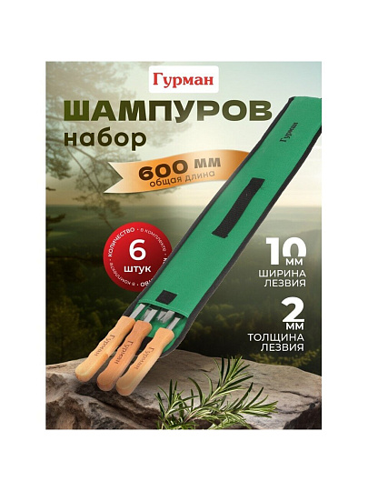 Шампур лезвие плоское, 6 шт, 600х10х2 мм, нержавеющая сталь, рукоятка дерево, Гурман, в чехле, CB2222