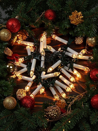Гирлянда 320 ламп, 8 м, 1 режим, Свечи, теплый белый свет, зеленая, в помещении, сетевая, LED