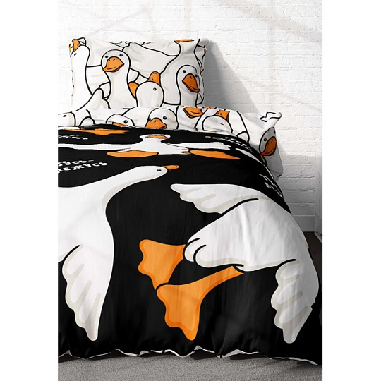 Постельное белье детское 1.5-спальное, простыня 150х214 см, 1 наволочка 70х70 см, пододеяльник 143х215 см, Crazy Getup, перкаль, Гусь-обнимусь 967806