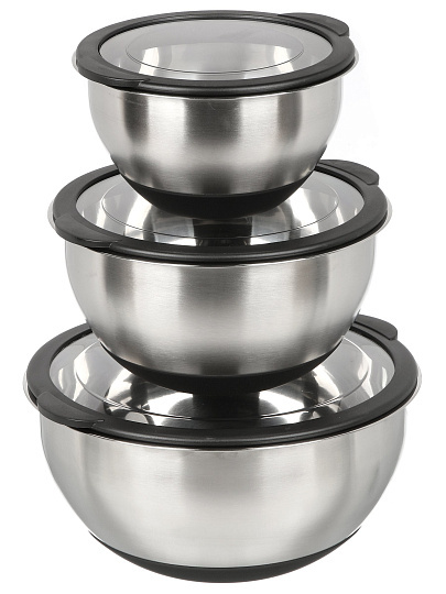 Набор мисок нержавеющая сталь, круглый, 3 шт, 16, 20, 24 см, с крышкой, Y4-11664