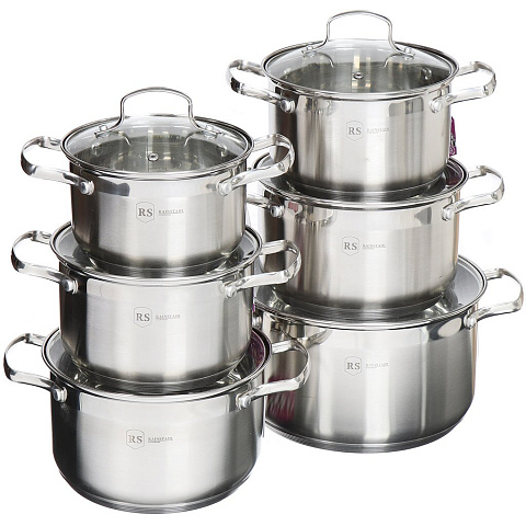 Набор посуды нержавеющая сталь, 12 предметов, кастрюли 2.1, 2.9, 2.9, 3.9, 3.9, 6.5 л, индукция, Rainstahl, RS\CW 1213-12