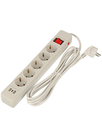 Сетевой фильтр 5 гнезд, 1.9 м, ПВС, 3х1 мм², с заземлением, 16 А, +2USB +TYPE C 2.0, 3.5 кВт, серый, Jett, 171-602