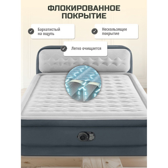 Кровать надувная Intex, 236х152х86 см, Queen ultra plush, 64448ND, насос встроенный, электрический, флокированная, 273 кг