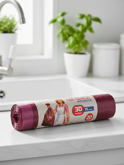 Пакеты для мусора 30 л, 15 шт, с завязками, Марья Искусница, 70203, бордо