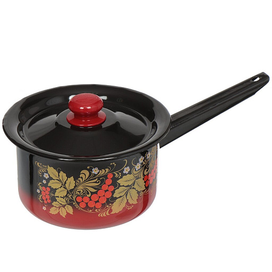 Ковш сталь, эмалированное покрытие, 2 л, декор, пластиковая кнопка, Сибирские товары, С2111.38, красно-черный