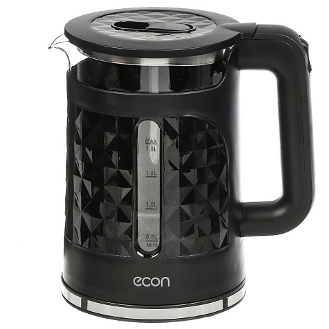 Чайник электрический Econ, ECO-1850KE, черный, 1.8 л, 1500 Вт, скрытый нагревательный элемент, стекло, пластик