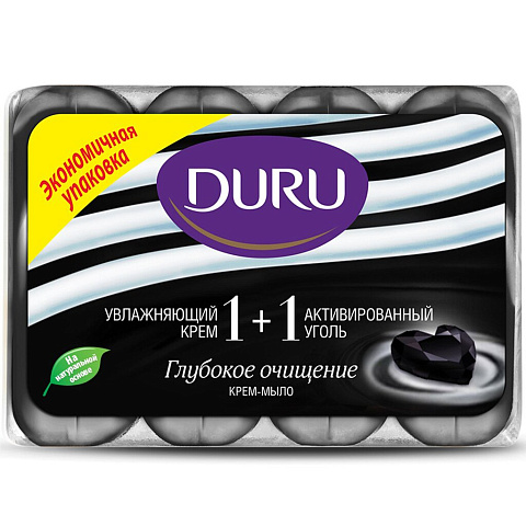 Крем-мыло Duru, 1+1 Глубокое очищение Увлажняющий крем и активированный уголь, 4 шт, 90 г