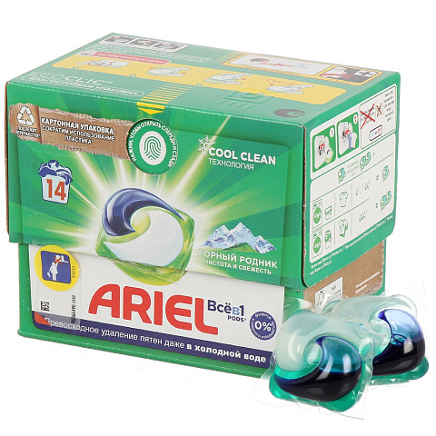 Капсулы для стирки Ariel, Capsules Горный родник, 14 шт, 19.5 г