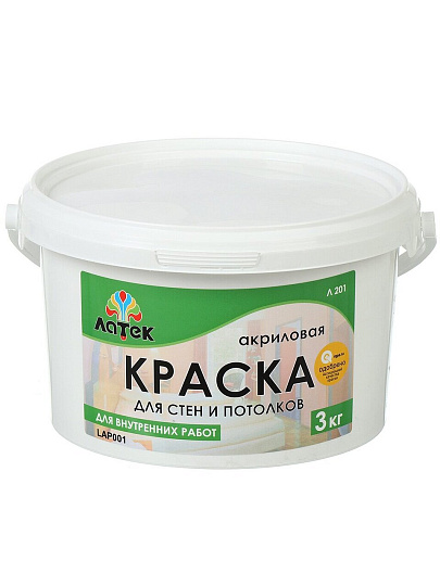 Краска водно-дисперсионная, Оптимист, Латек Л201, акриловая, для стен и потолков, 3 кг