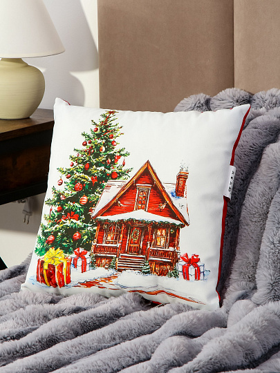 Подушка декоративная, 40х40 см, Новый Год, Домик, 100% полиэстер