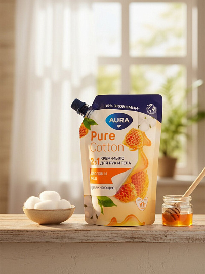 Крем-мыло жидкое Aura, Pure Cotton, 2в1, Хлопок и мёд, 450 мл, дой-пак