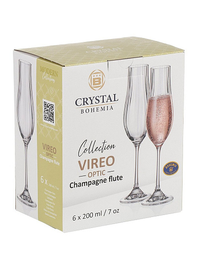 Бокал для шампанского, 200 мл, стекло, 6 шт, Bohemia, Vireo optic, 91L/1SJ95/0/00000/200-664