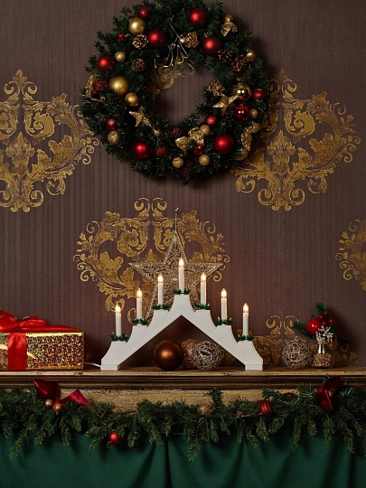 Подсвечник декоративный пластик, 41х29.5 см, белый, Uniel, 7 миниламп, белый свет, UL-00007388