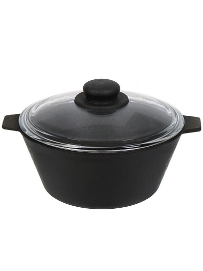 Кастрюля чугун, 2.5 л, крышка стекло, Камская посуда, ка27, черная, индукция