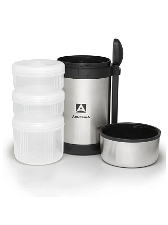 Термос для еды, нержавеющая сталь, 1.5 л, широкая горловина, Арктика, колба нержавеющая сталь, с ремешком, 3 контейнера для еды, вилка и ложка в футляре, 403-1500