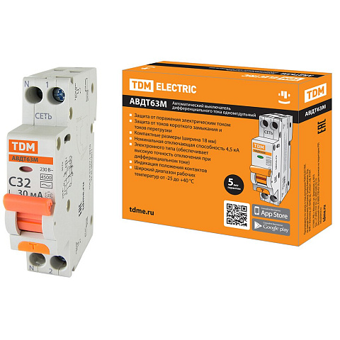 Дифференциальный автоматический выключатель TDM Electric, АВДТ 63М, 32, 4.5 кА, С, 30 мА, SQ0202-0063