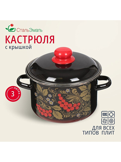 Кастрюля эмалированная сталь, 3 л, крышка сталь, цилиндрическая, СтальЭмаль, Рябина, 7RD181M/7RD181S, индукция